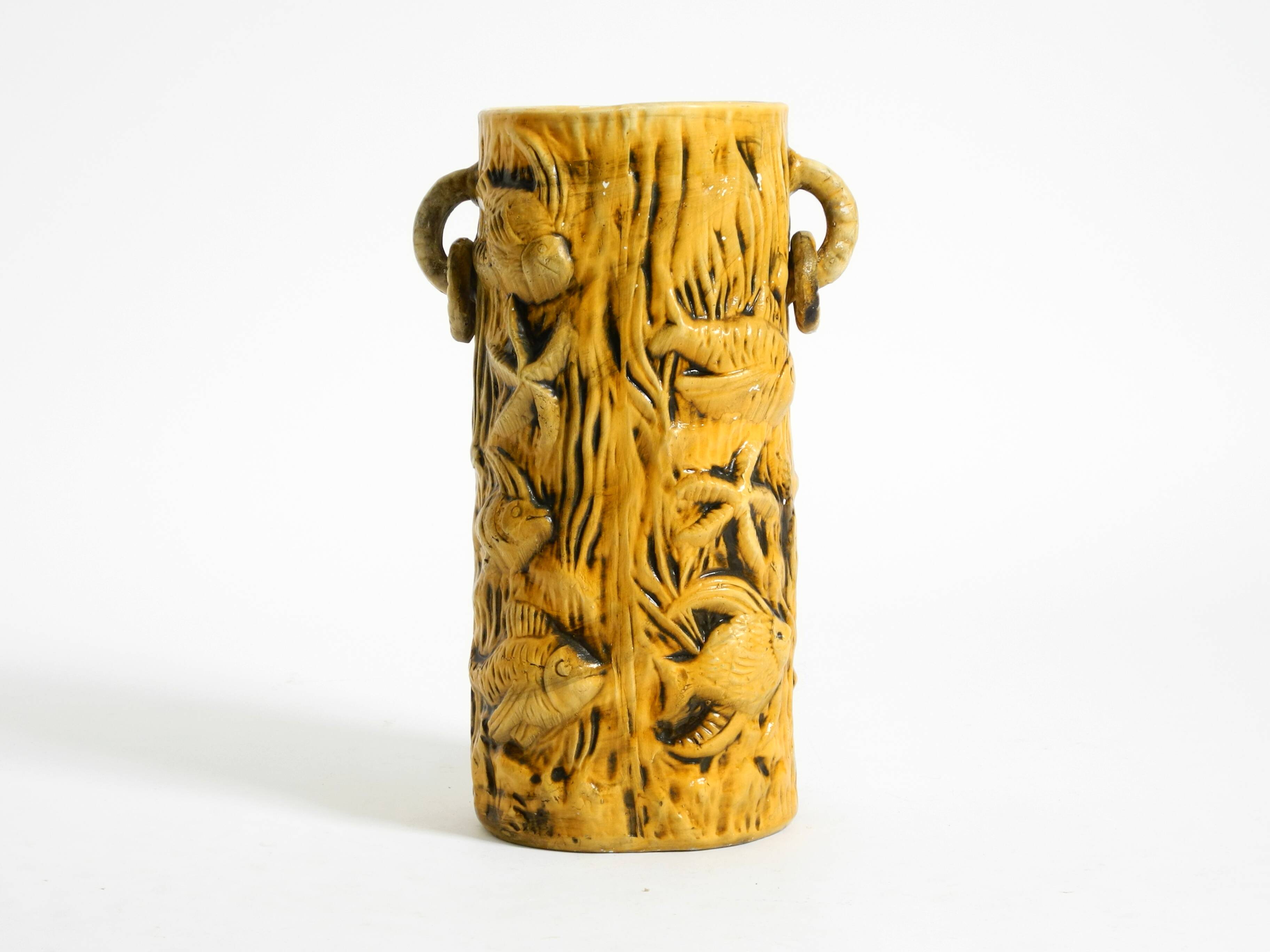 Large handmade glazed ceramic floor vase, handled vase with maritime motifs