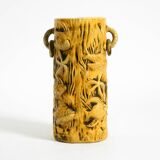 Large handmade glazed ceramic floor vase, handled vase with maritime motifs