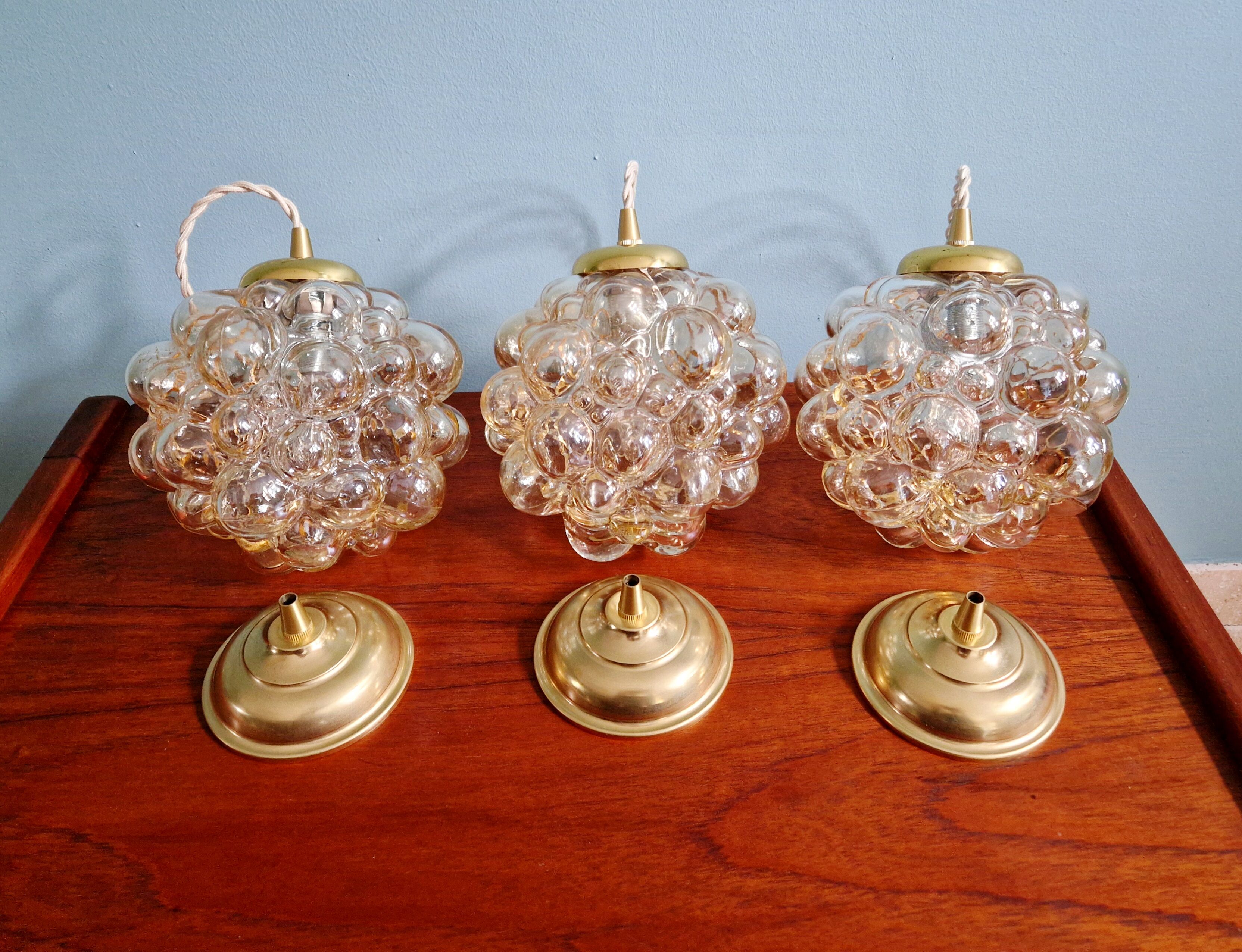 Amber bubble glass pendant (3 available), design by Helena Tynell, 1970.
