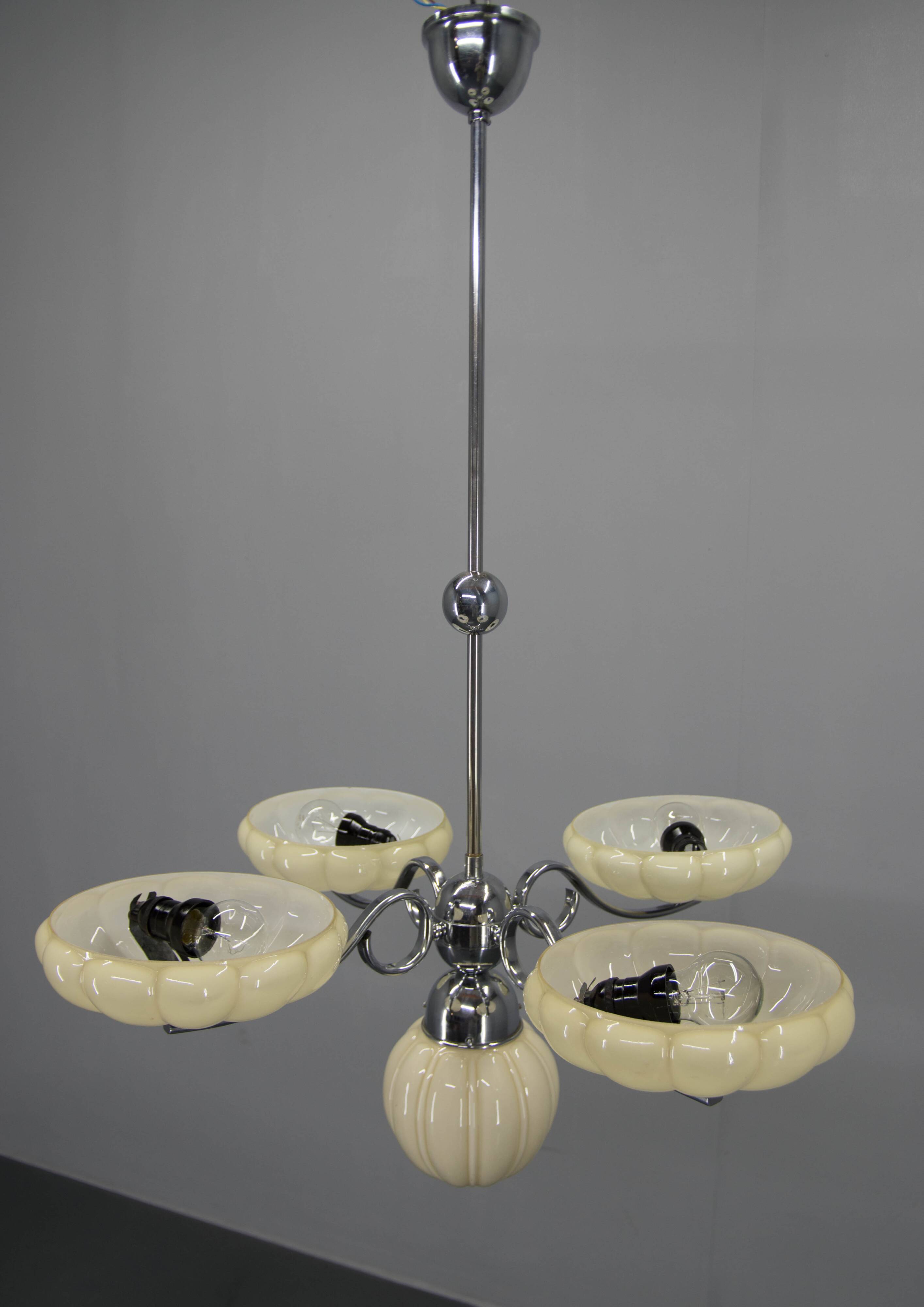 Art Deco Chrome and Glass Chandelier, 1930s