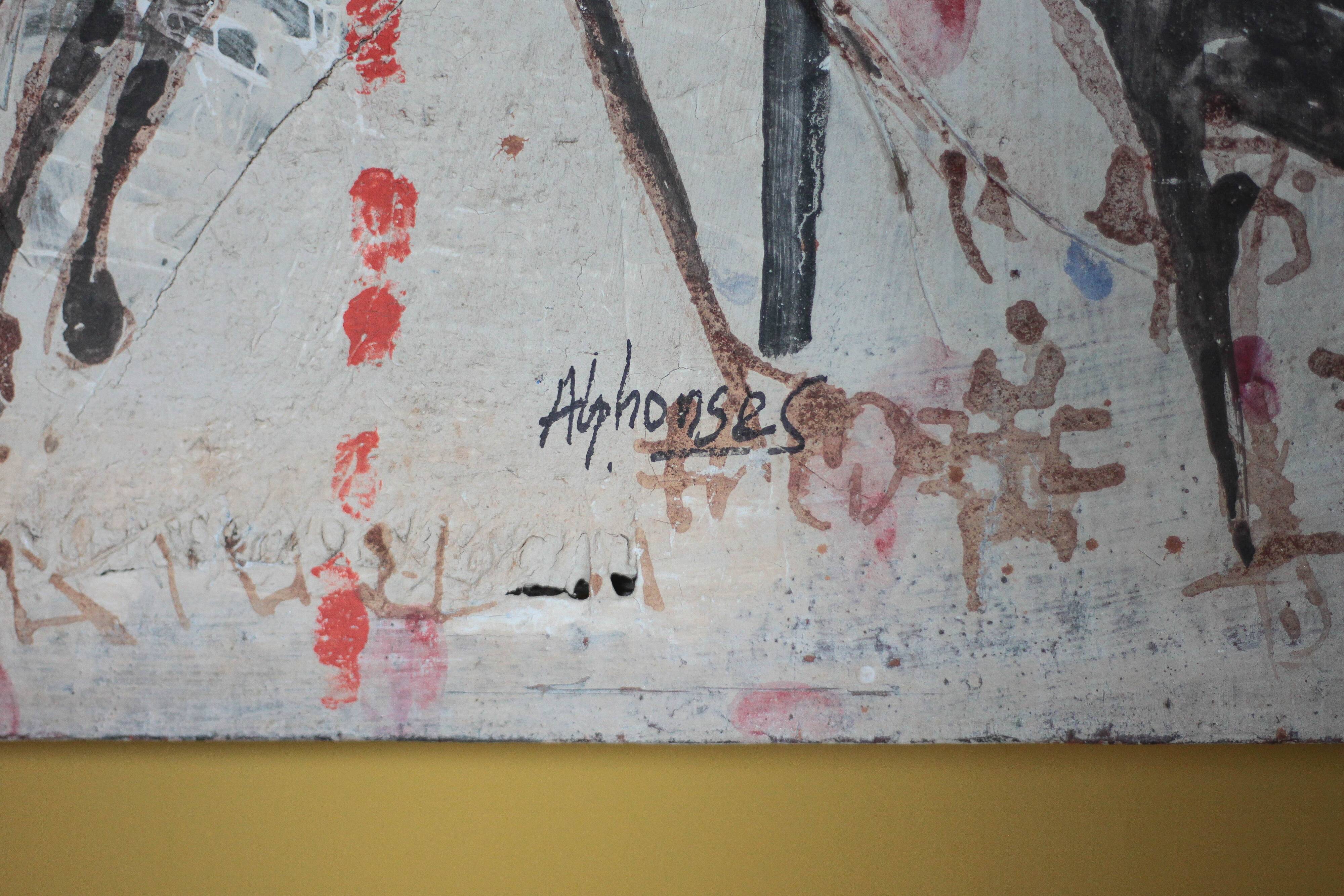 Signed table by Alphonse Sallah, The wolves have entered the city, technique