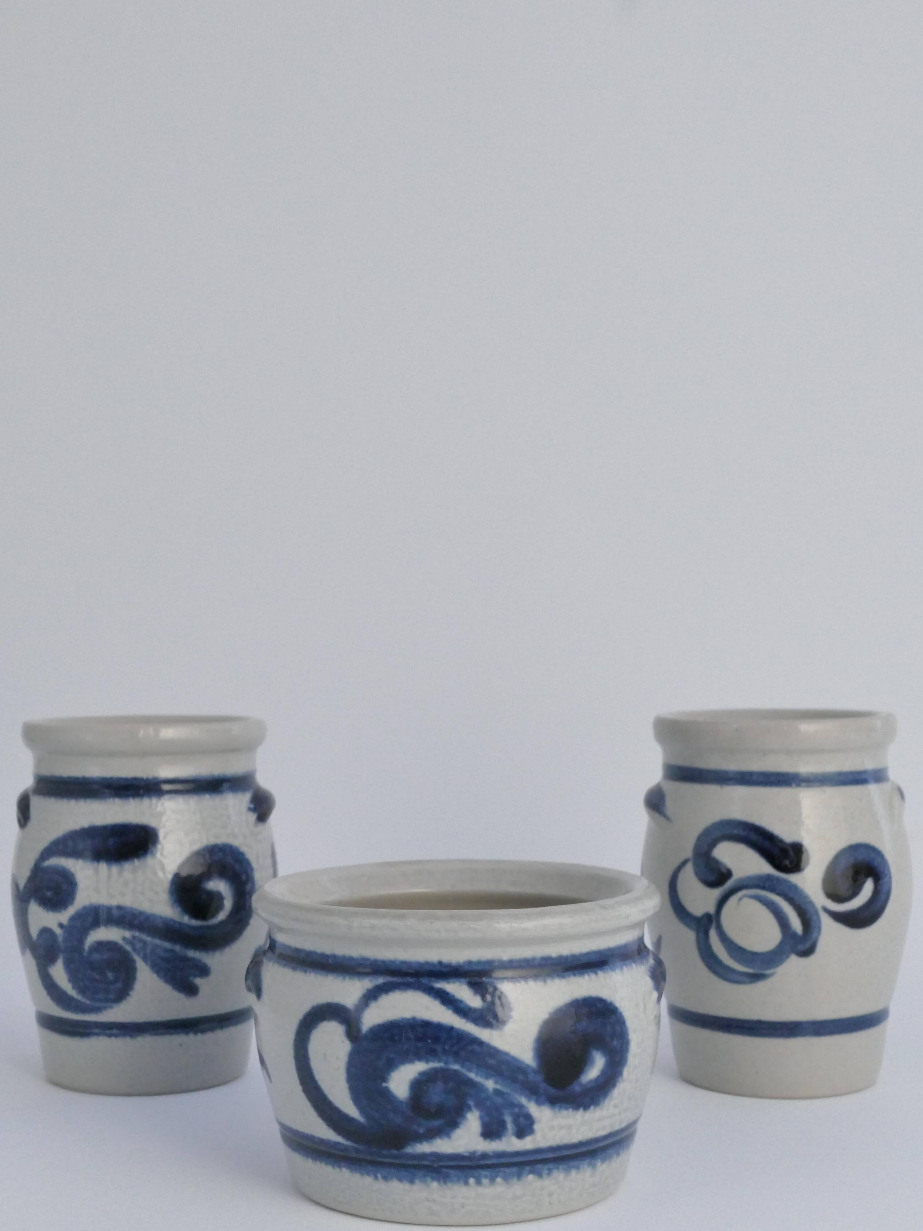 Stoneware Jars with Cobalt Blue Floral Motif from Westerwald, Germany, Set of 3