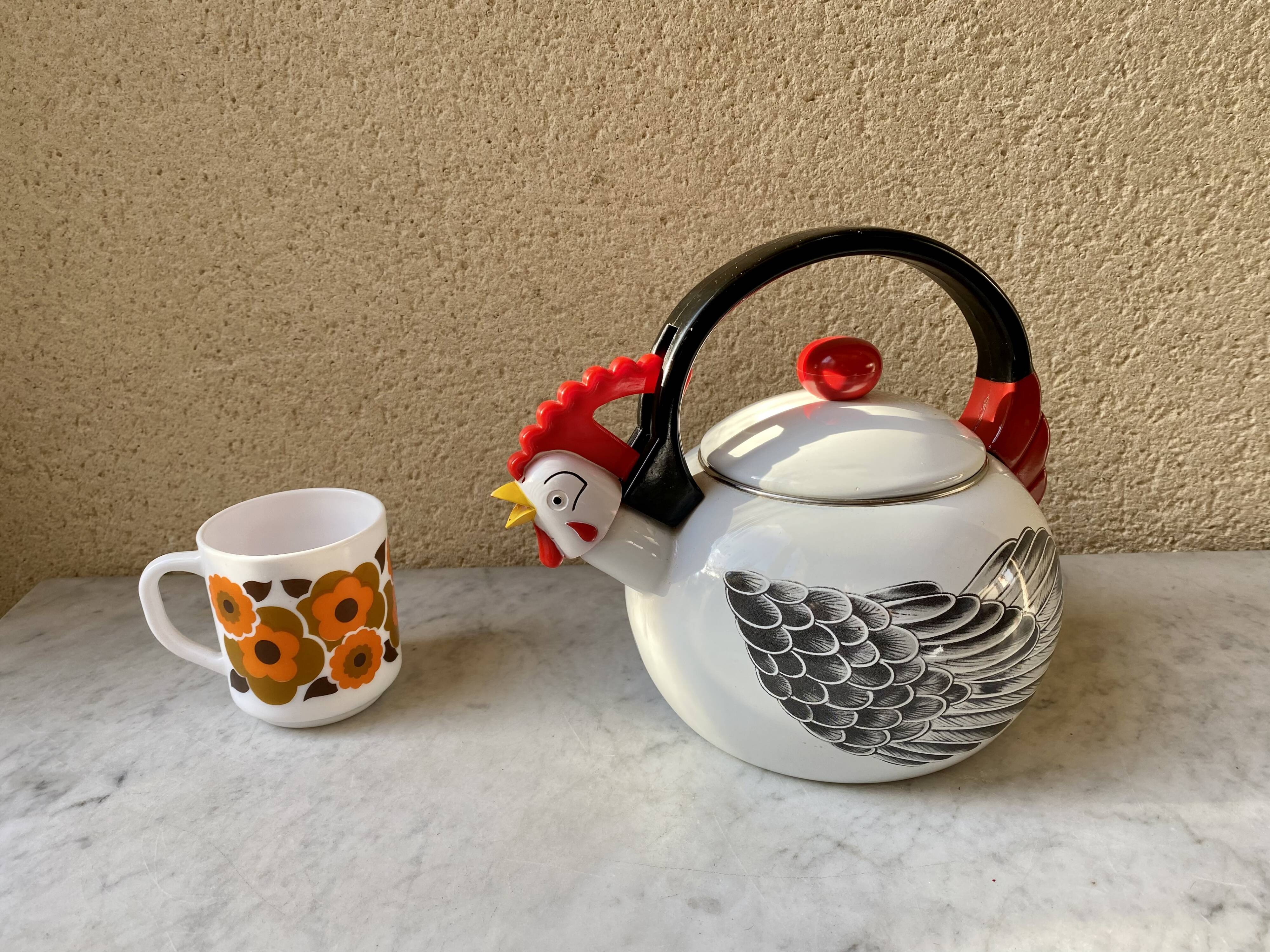 Kettle sheet metal enamel vintage 80s kamenstein decorations rooster