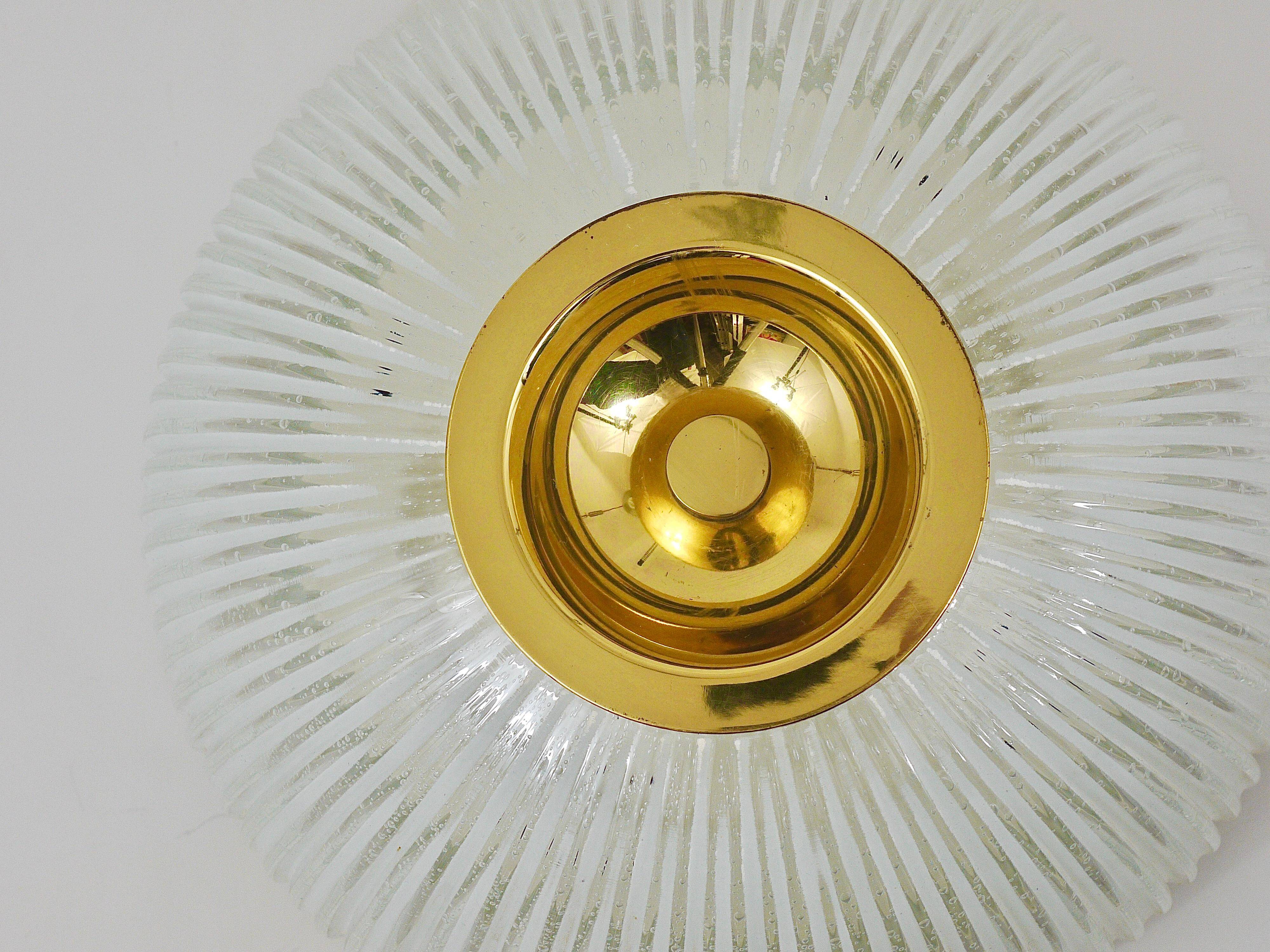 Large striped glass ceiling lamp in brass, Limburg, Germany, 1970s.