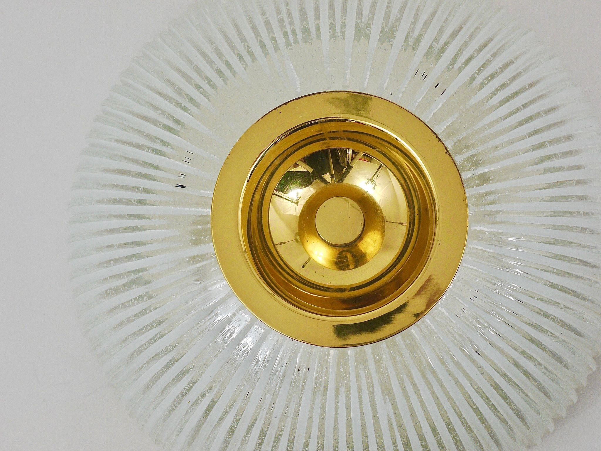Large striped glass ceiling lamp in brass, Limburg, Germany, 1970s.