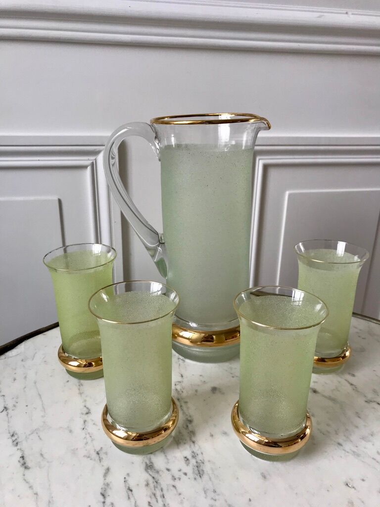 Green granita set consisting of a pitcher and 4 glasses in orangeade 50s