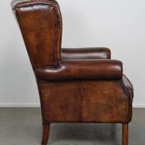 Large Sheepskin Leather Wingback Armchair with a Fixed Seat Cushion and a Stunning Patina