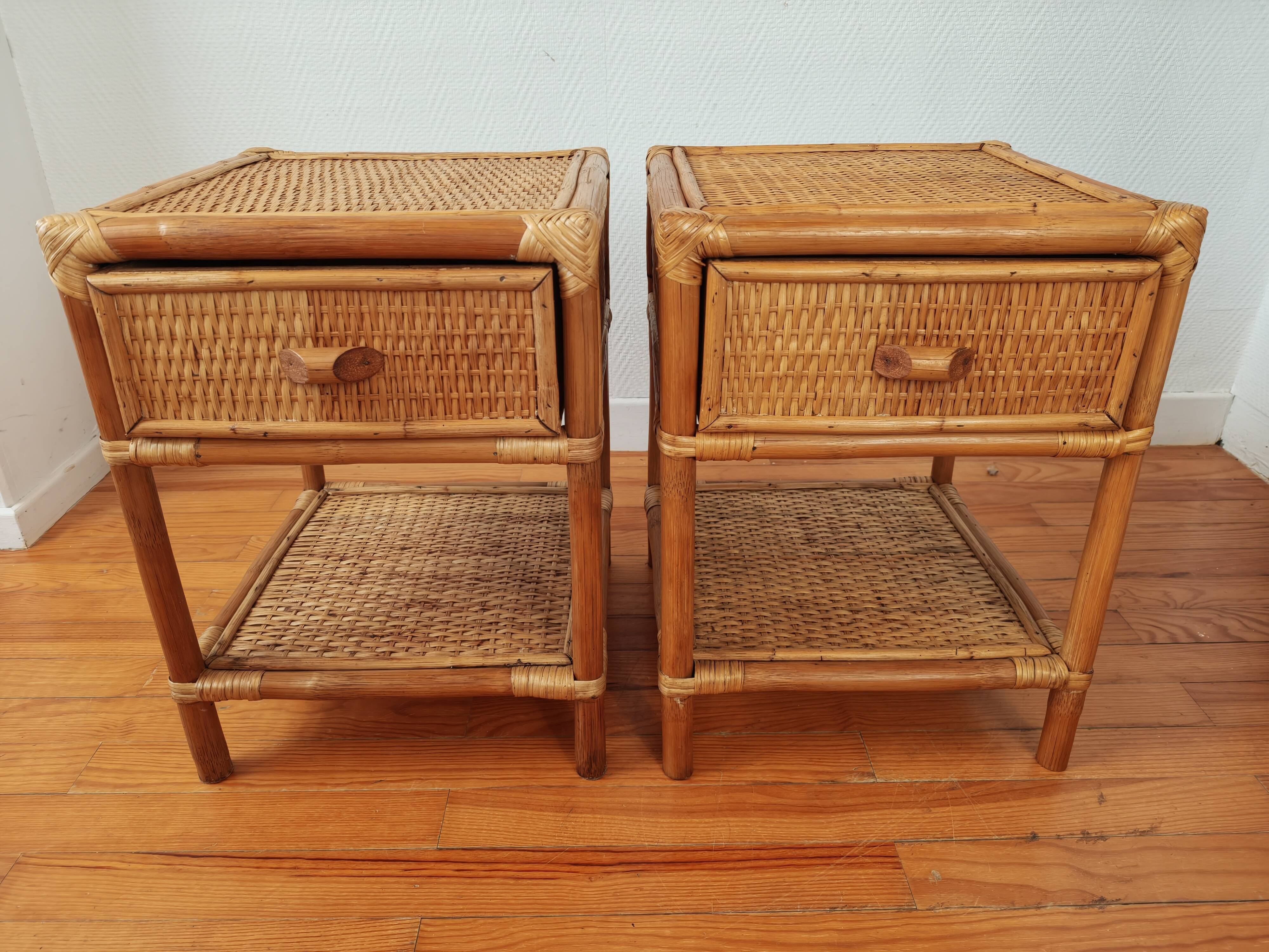 Pair of bedside tables in rattan and wicker - circa 1970