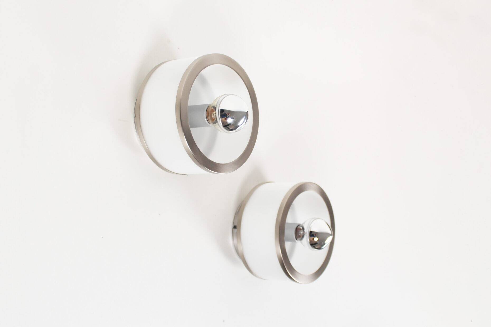 Pair of vintage 1980’s opaline glass and brushed chrome wall lights