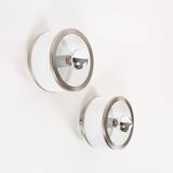Pair of vintage 1980’s opaline glass and brushed chrome wall lights