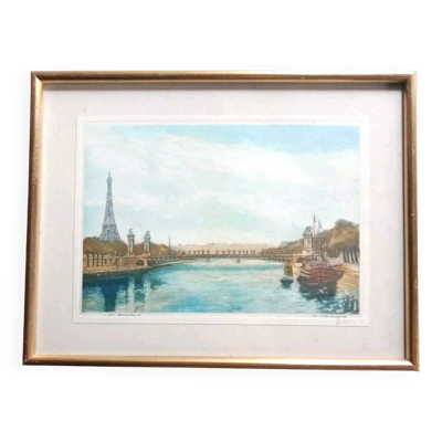 Cadre Le Pont Alexandre 3 Paris la Tour Eiffel Eau-forte signée Hubert
