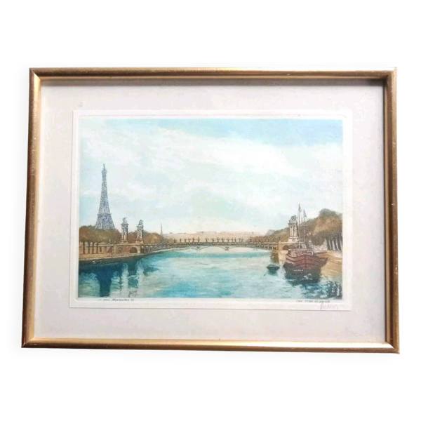 Cadre Le Pont Alexandre 3 Paris la Tour Eiffel Eau-forte signée Hubert