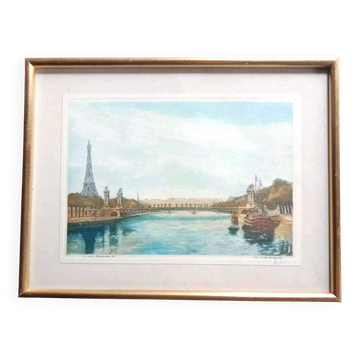 Frame: The Pont Alexandre III, Paris, the Eiffel Tower. Etching signed Hubert