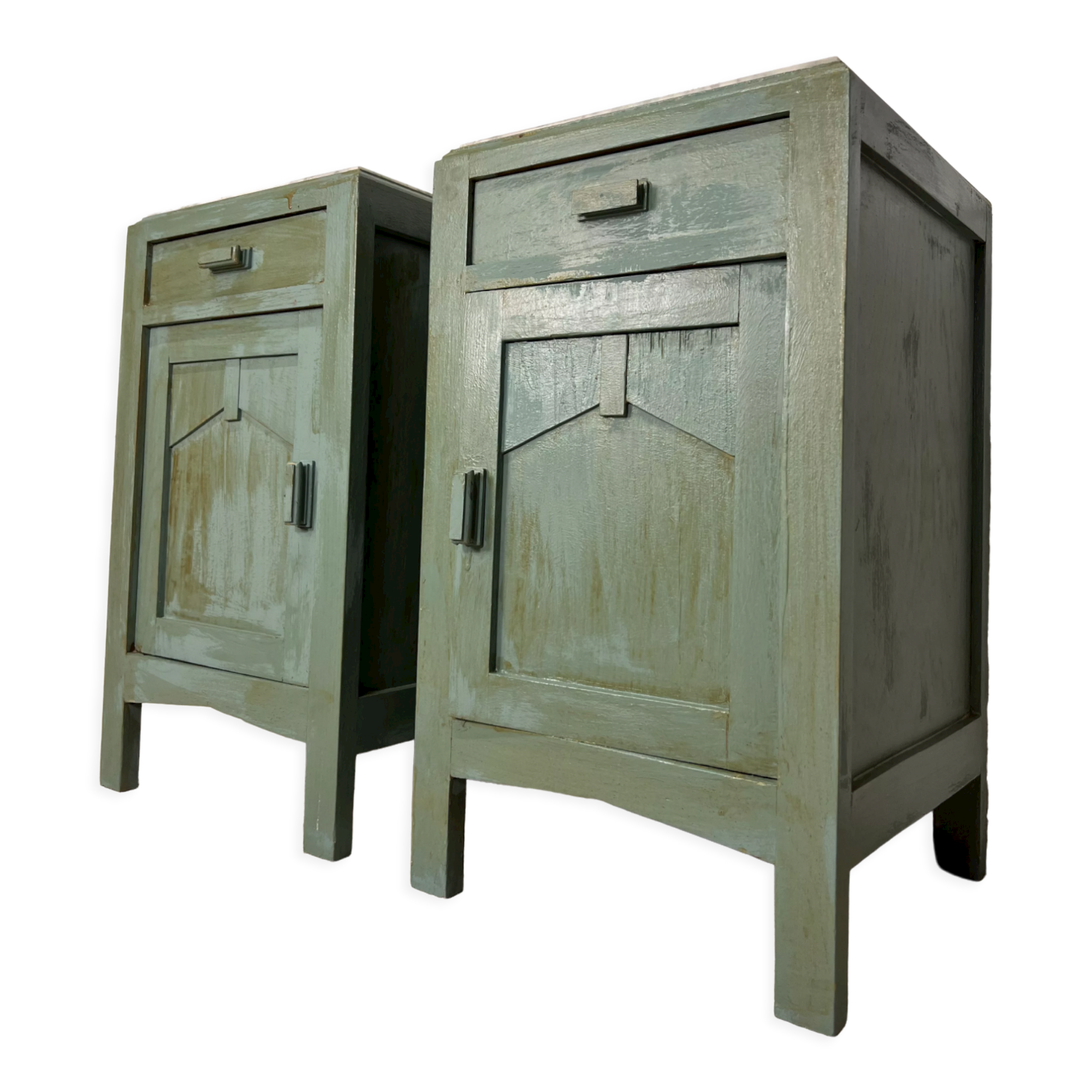 Ensemble de 2 tables de chevet vintage vert menthe avec plateau en marbre