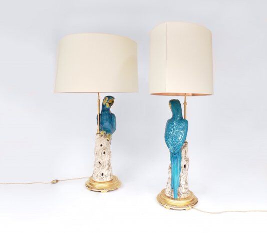 Pair of large parrots circa 1970 earthenware lamps