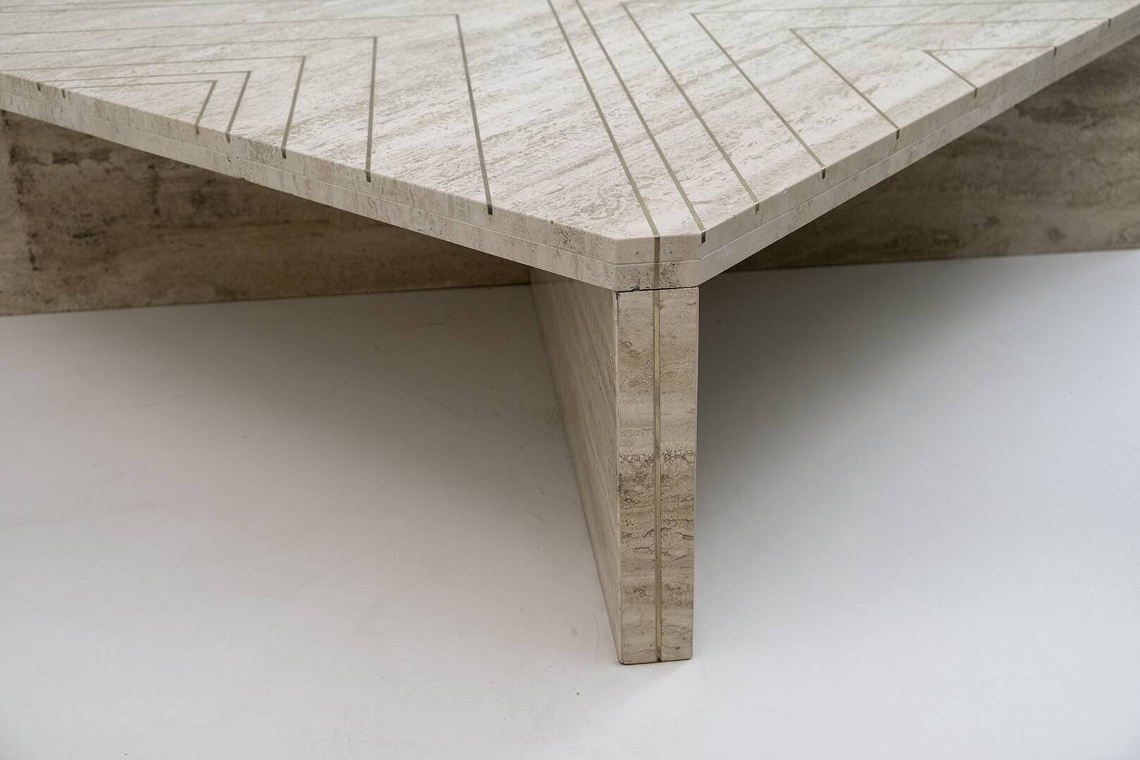 Mid-Century Italian Travertine Coffee Table with Brass Inlays, 70s