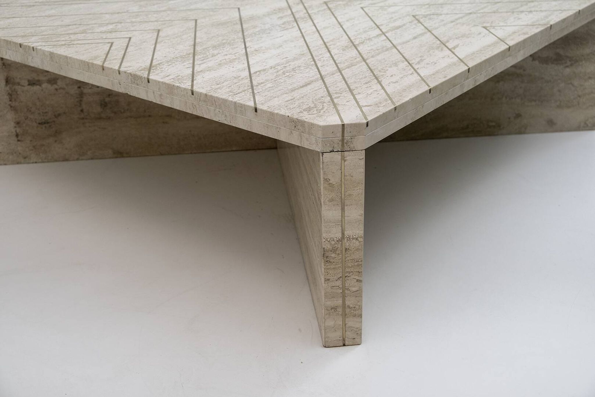Mid-Century Italian Travertine Coffee Table with Brass Inlays, 70s