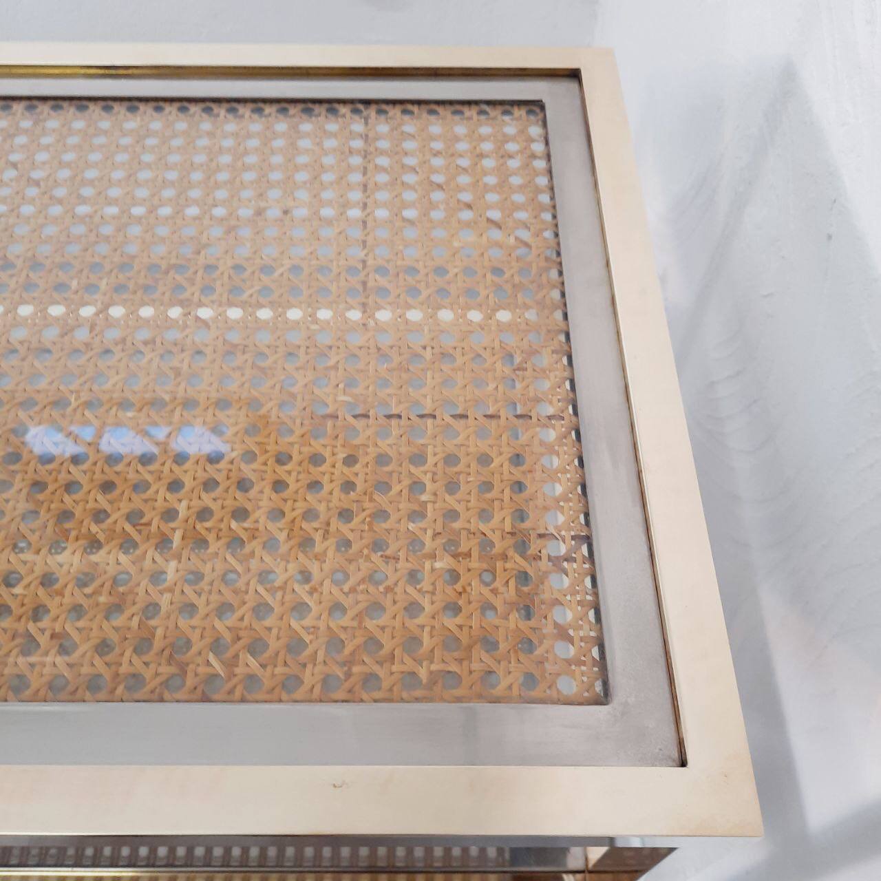 Trolley with wheels, wicker, brass and steel