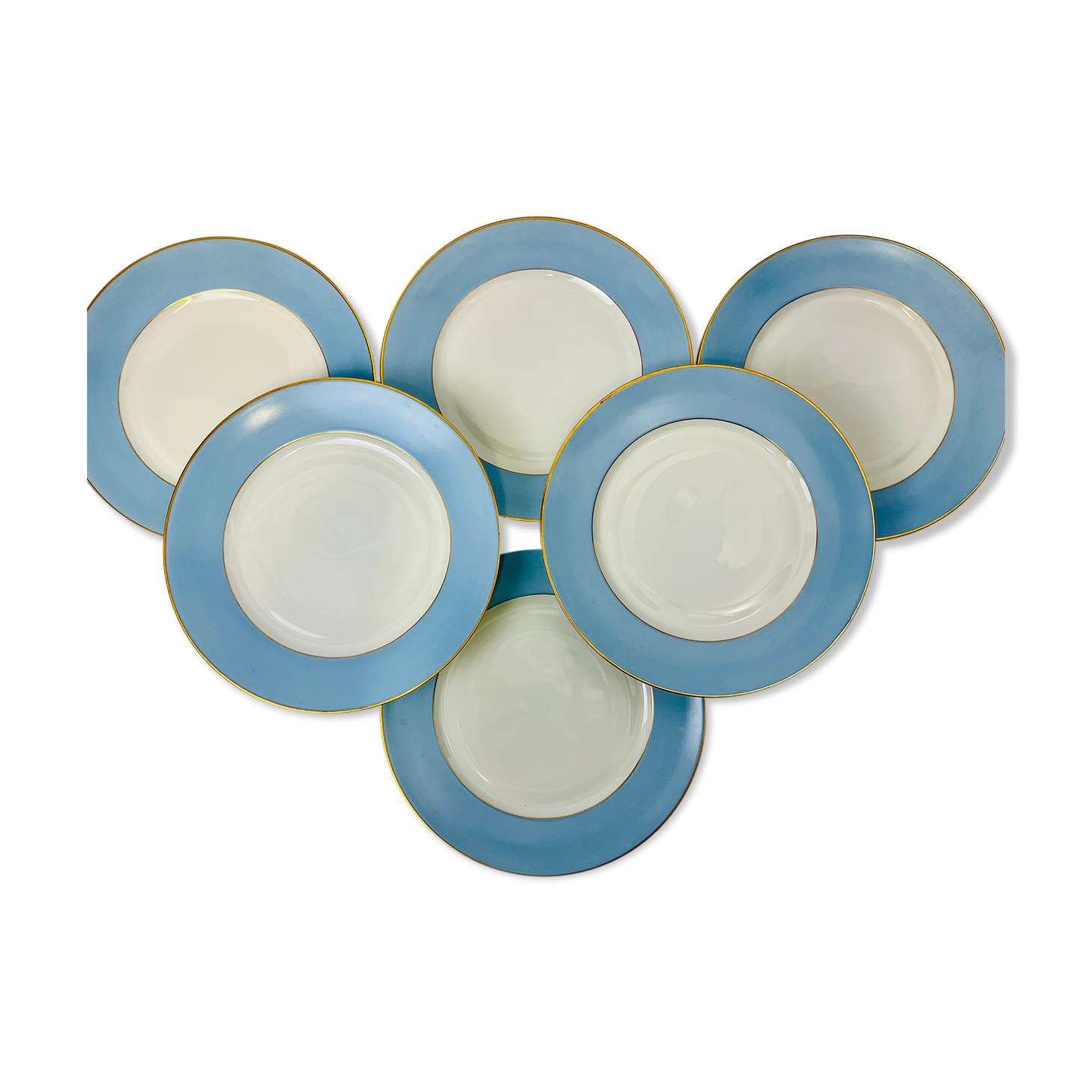 6 flat plates Limoges Haviland white and blue