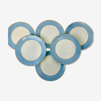 6 flat plates Limoges Haviland white and blue