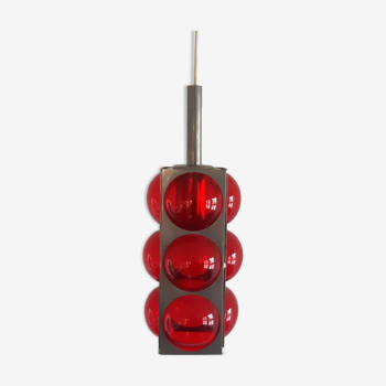 Scandinavian red bubble glass caged pendant lamp, 1970's