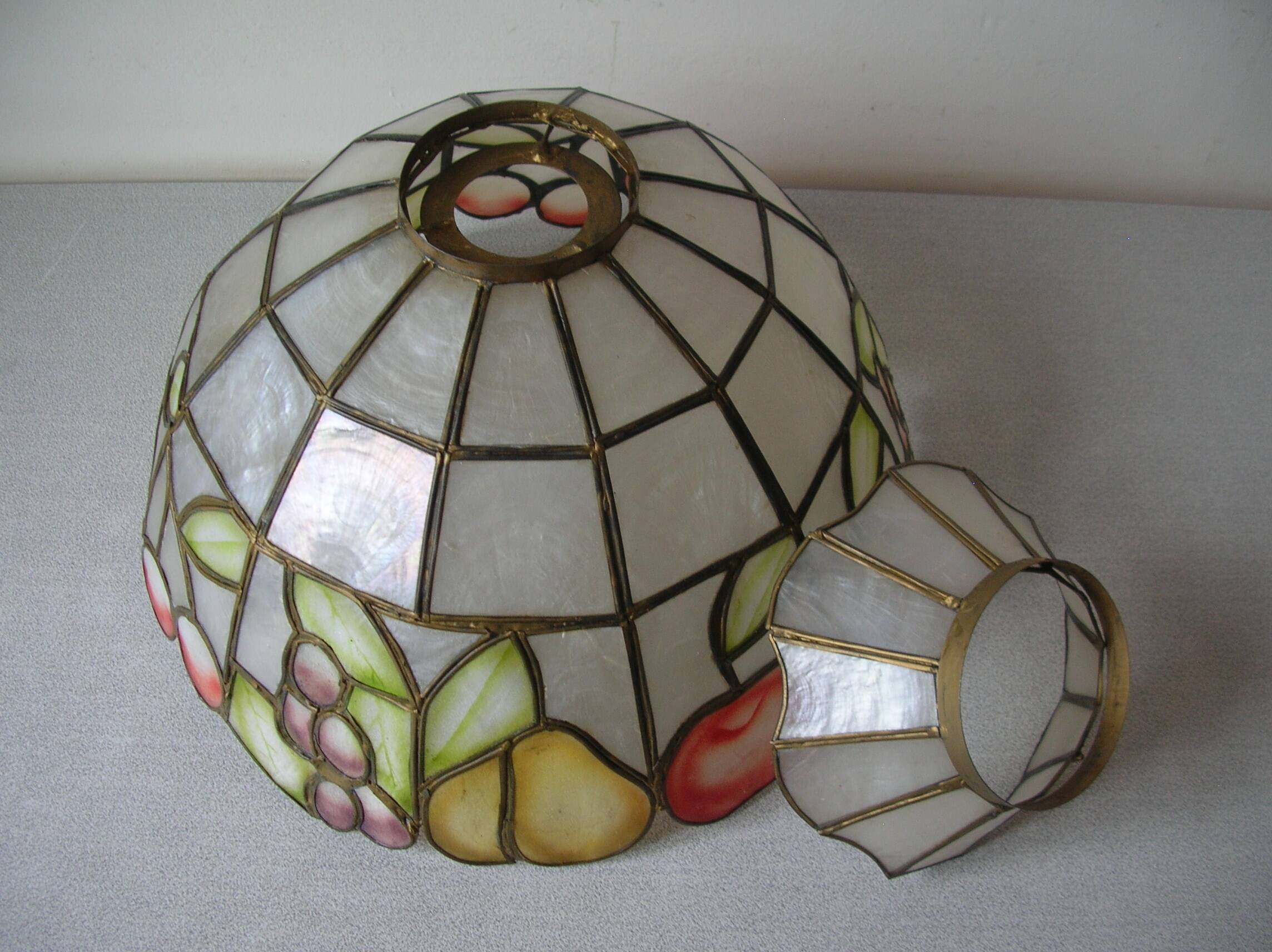 Old large mother-of-pearl brass lampshade stained glass style fruit decor 31 cm