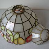 Old large mother-of-pearl brass lampshade stained glass style fruit decor 31 cm
