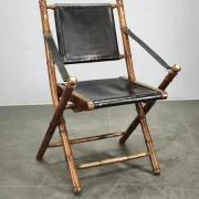 1970s French Folding Safari Chair in Teak, Black Leather and Brass