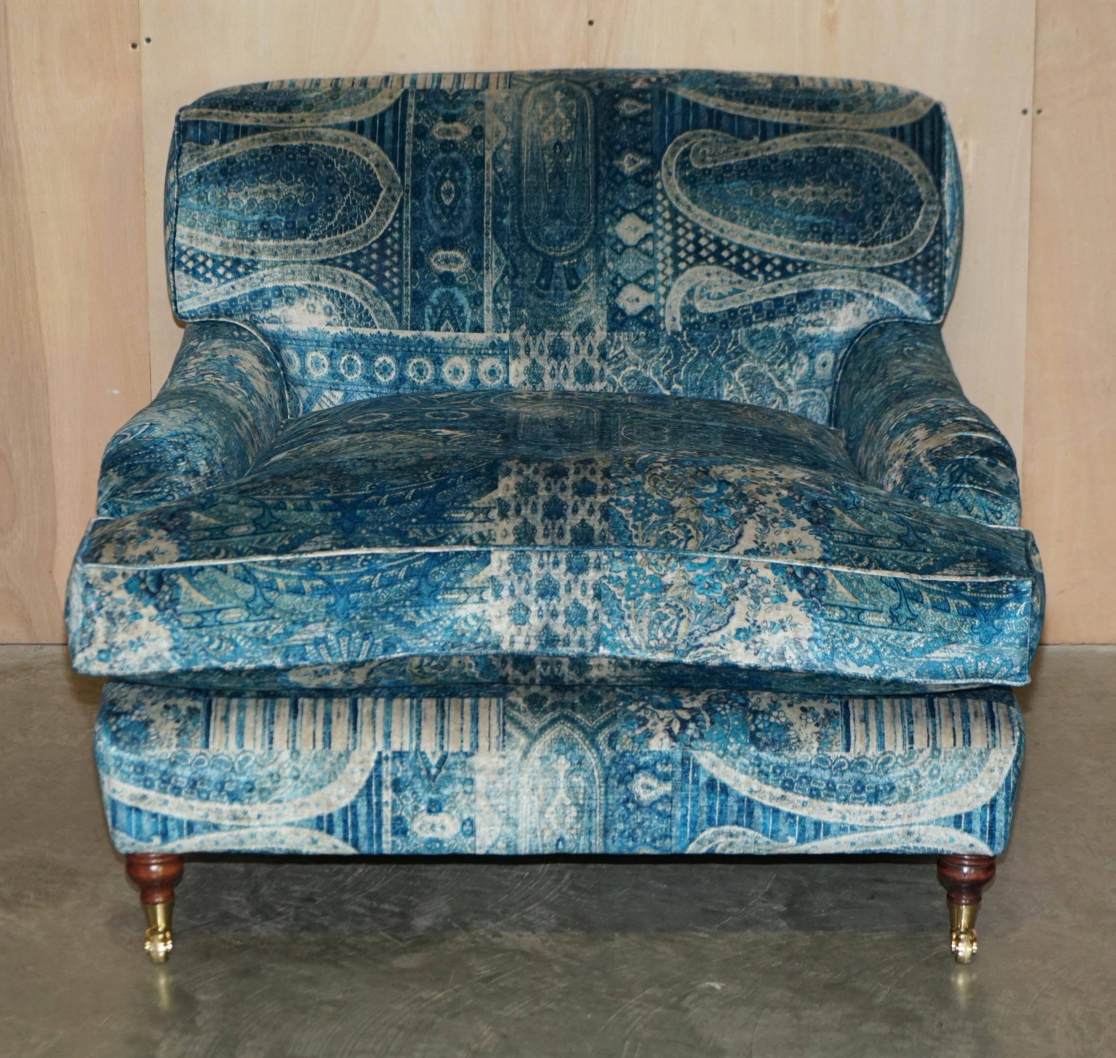 Pair of custom Howard love seat armchairs in Mulberry Lemond silk velvet.