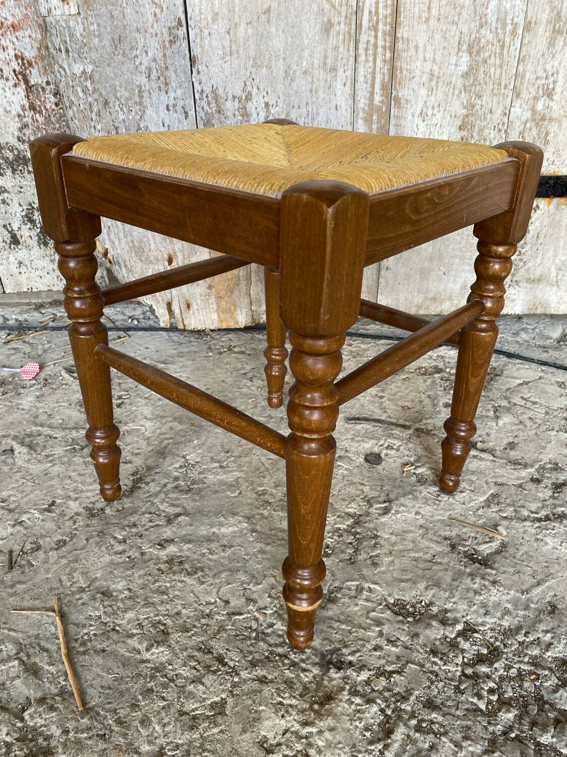 Vintage Turned Wood Stool + Woven Straw Seat #D893