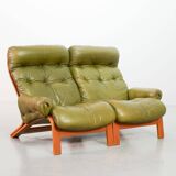 Scandinavian Rybo Rykken Olivegreen Leather 2-Seat Ry-Wing Lounge Sofa, 60s