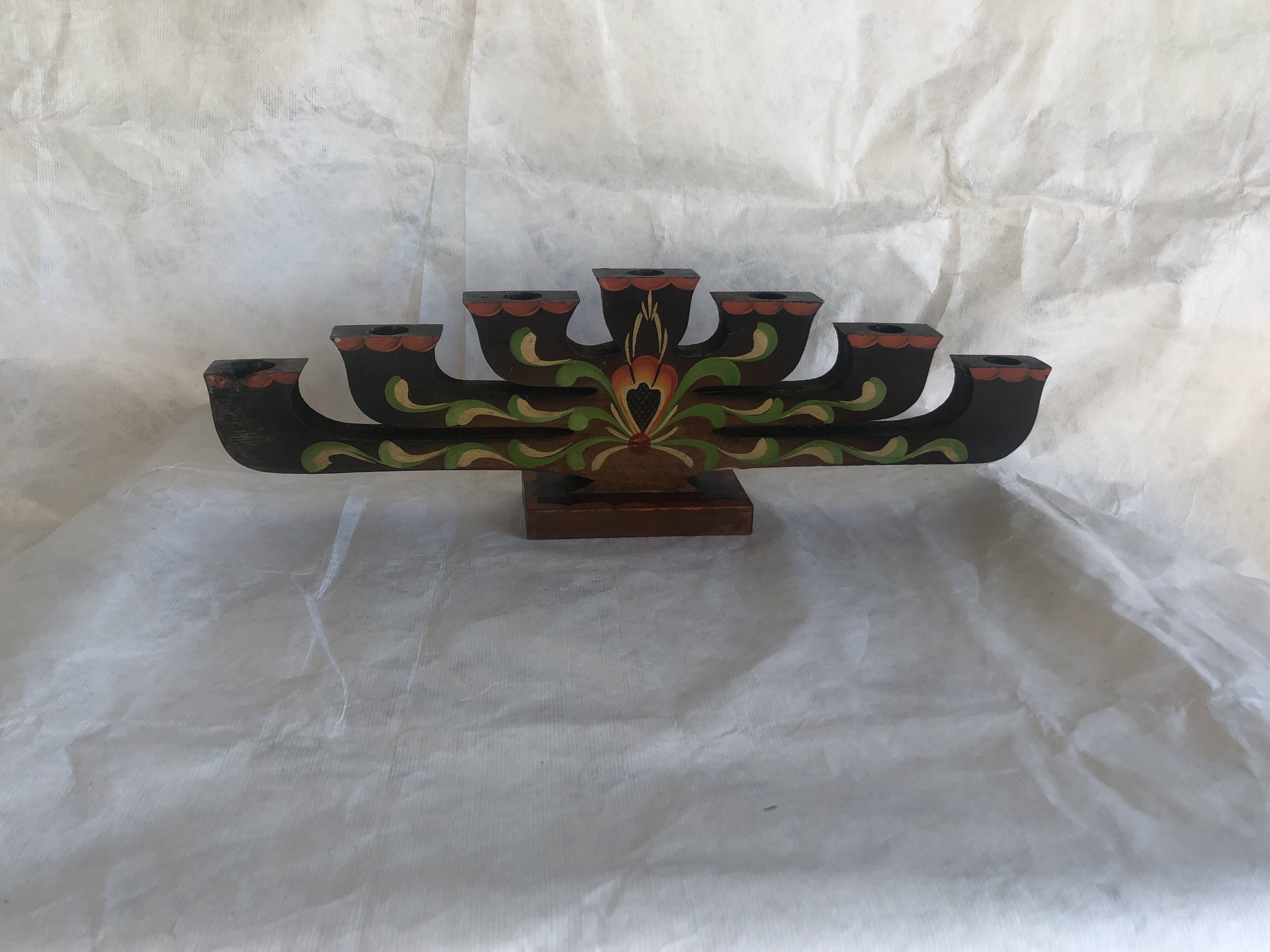 Scandinavian handcrafted painted wooden candlestick
