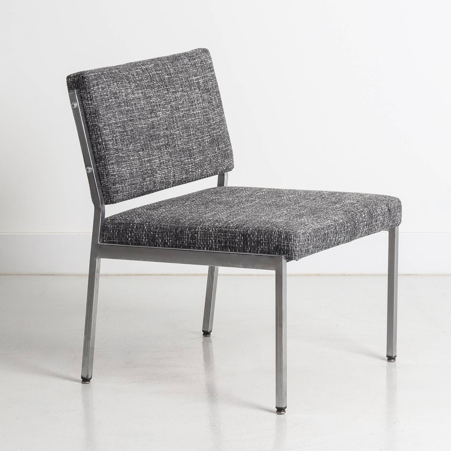 Pair of vintage armchairs in metal and gray fabric, renovated