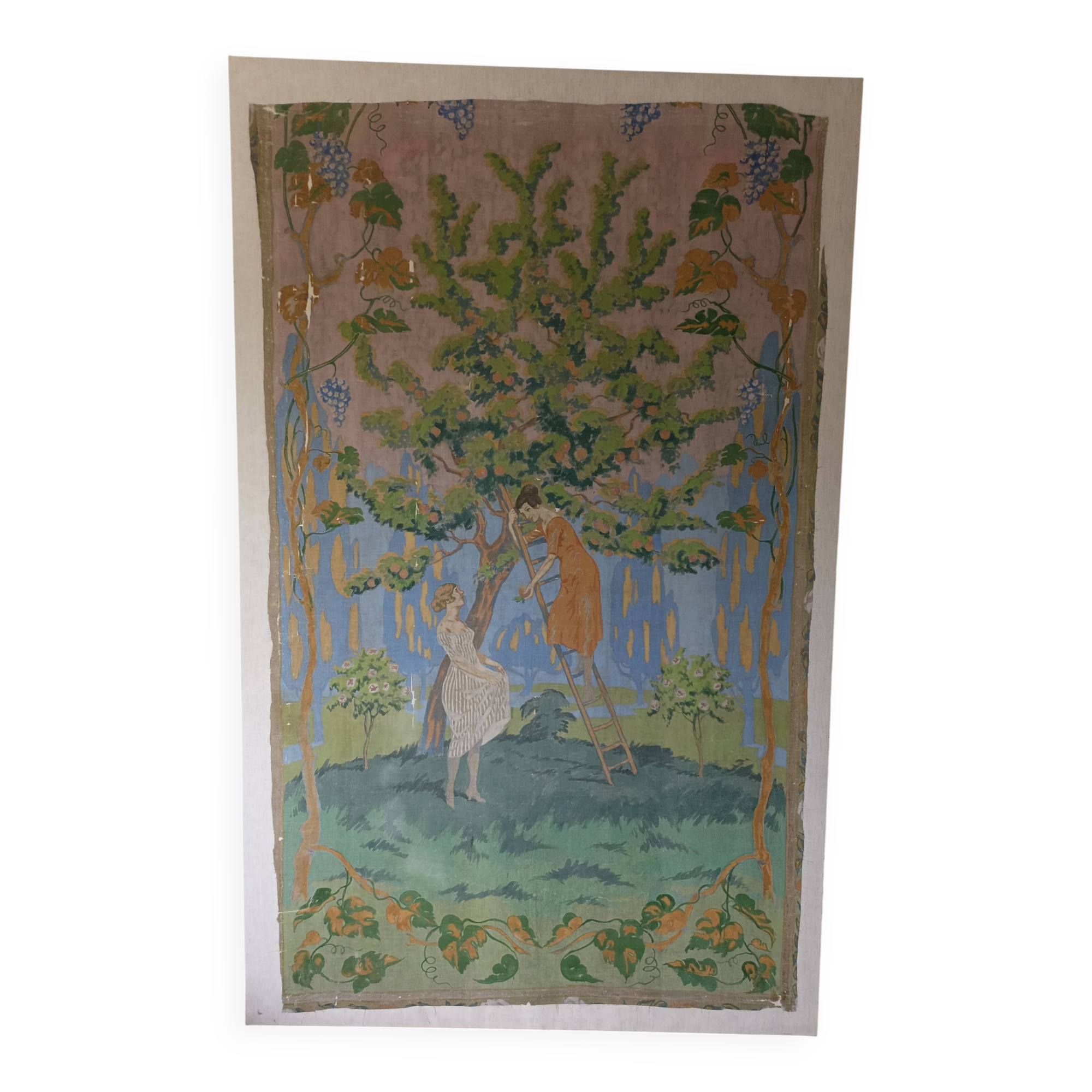 Grande peinture sur toile XXe siècle montée sur chassis-scène champêtre