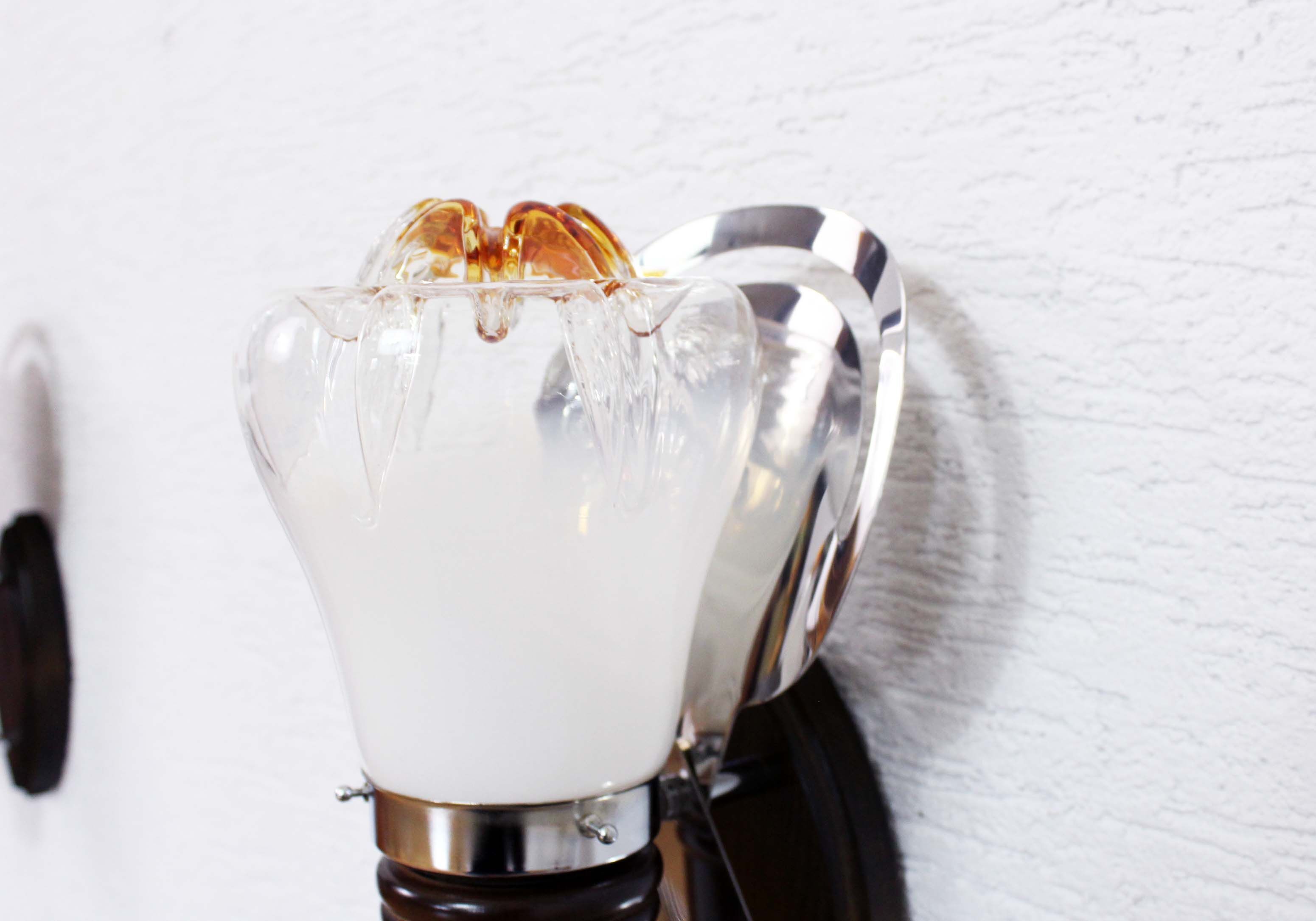 Pair of opal glass and solid wood wall lamps