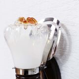 Pair of opal glass and solid wood wall lamps