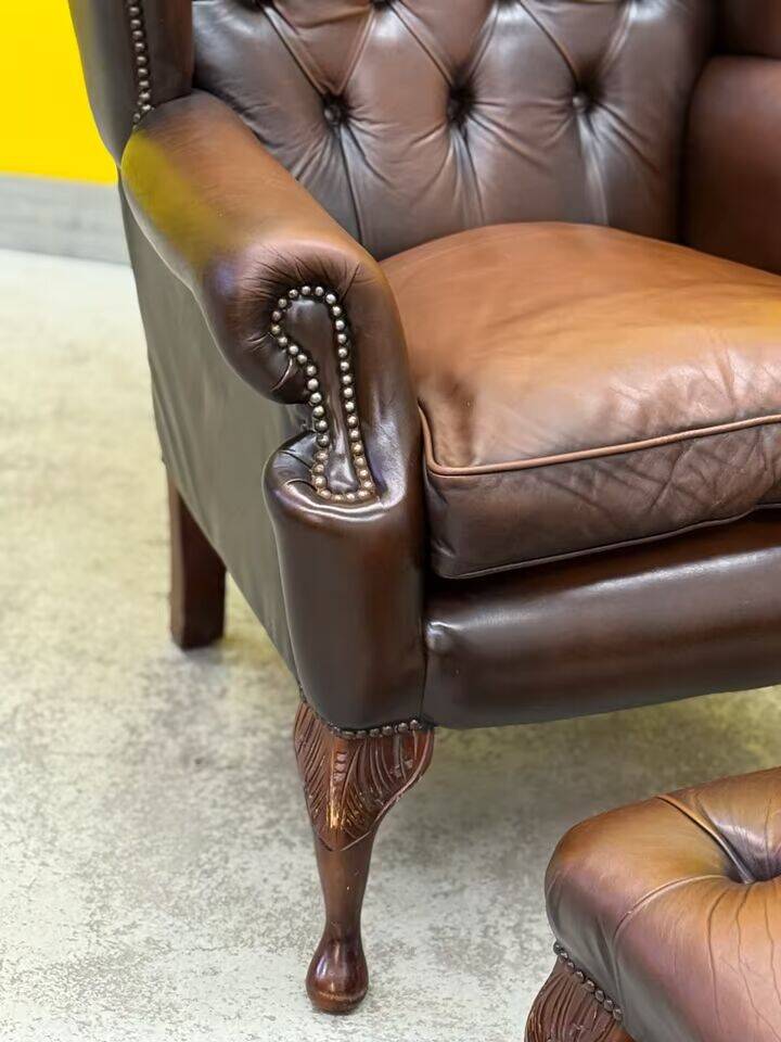 Dark Brown leather chesterfield wing chair with Ottoman
