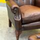 Dark Brown leather chesterfield wing chair with Ottoman
