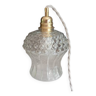Portable portable pendant light, transparent textured tulip glass, twisted linen cord
