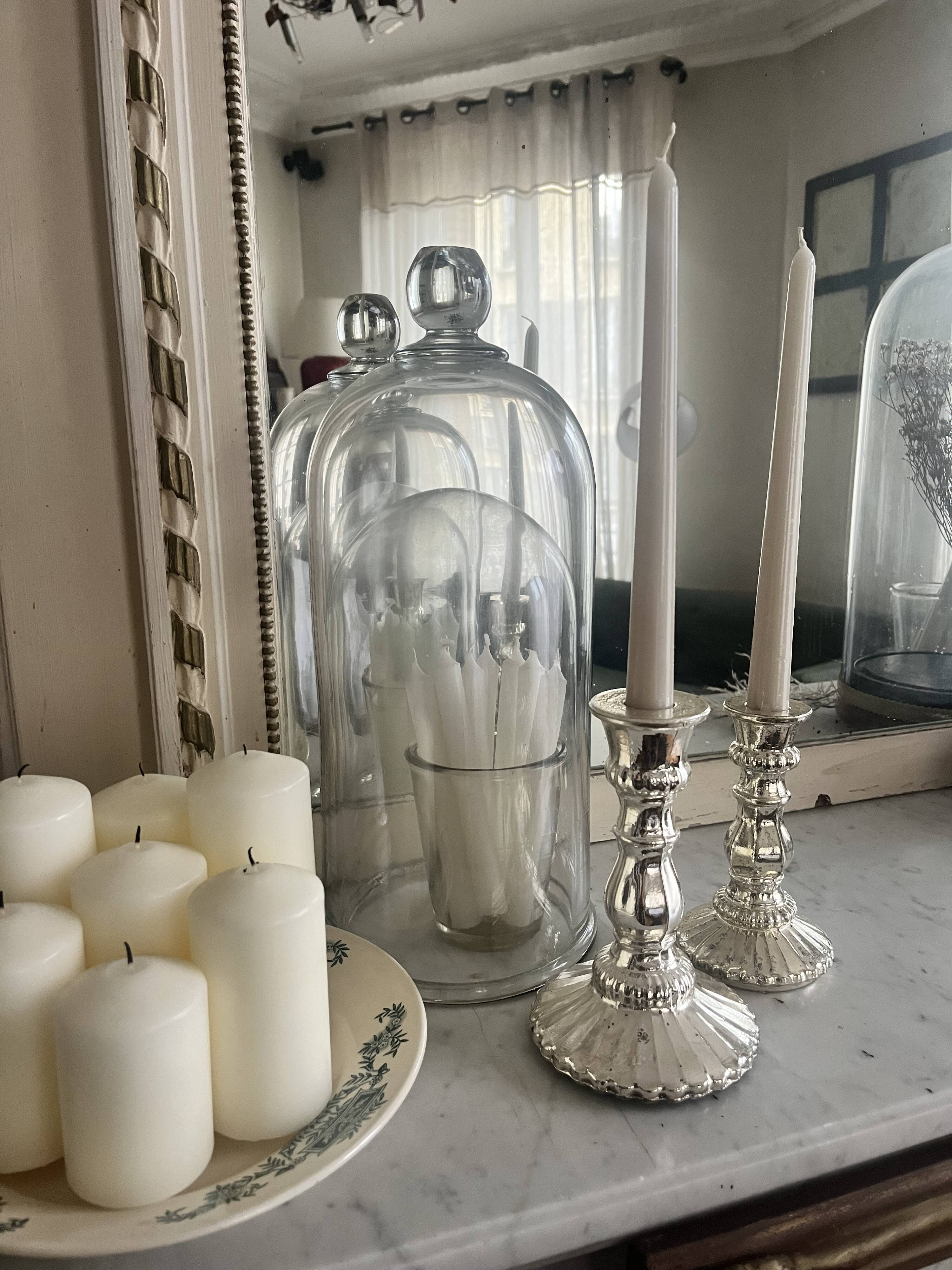 Pair of eglomisé glass candle holders, party decoration