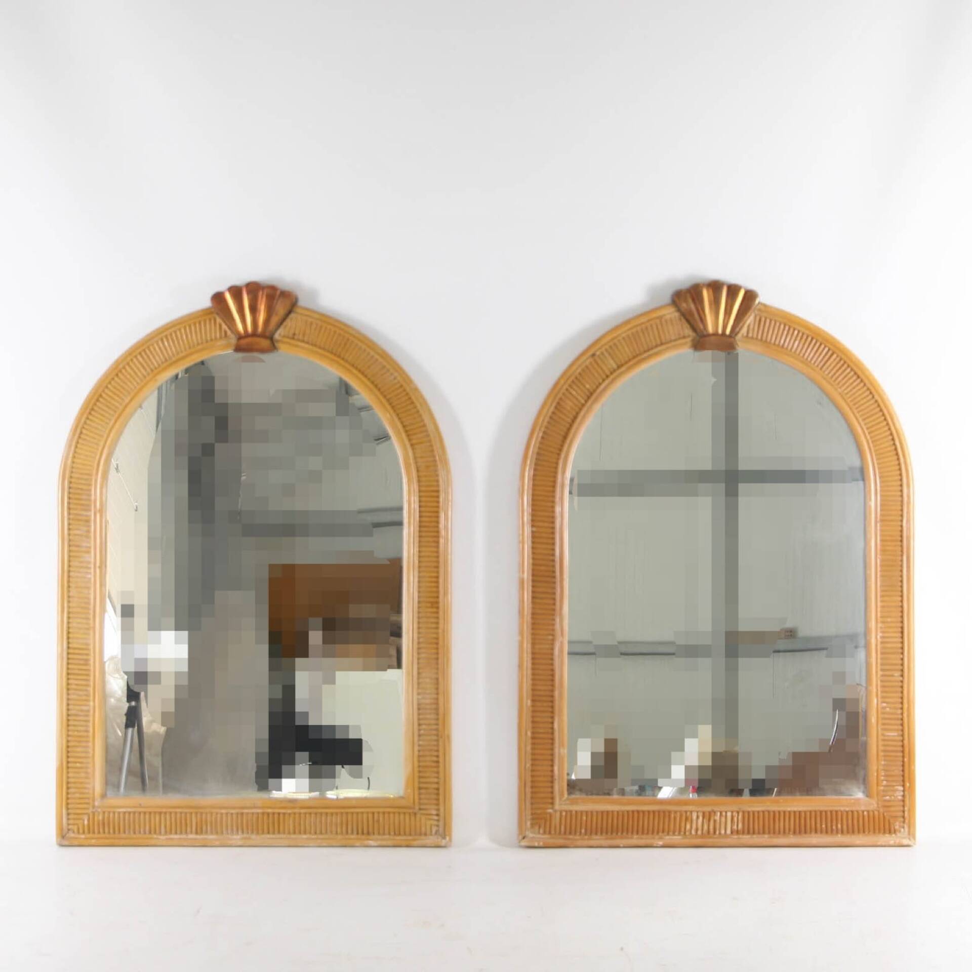 Pair of rattan and copper mirrors
