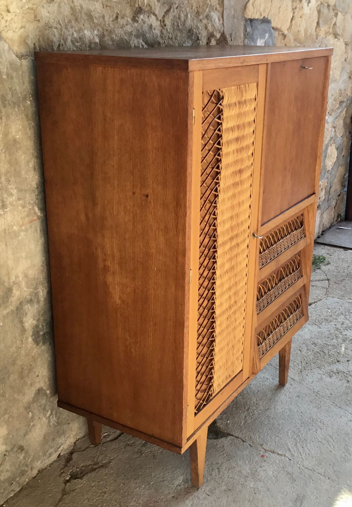 Rattan cabinet with integrated illuminating secretary vintage 1960
