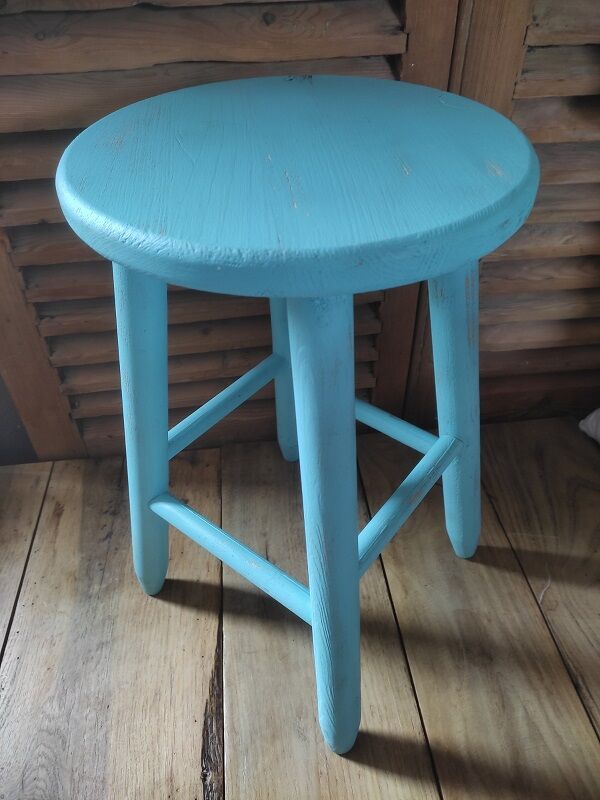Solid wood stool pastel blue patinated