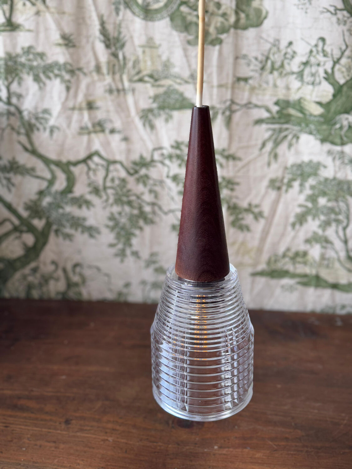 Vintage Scandinavian teak and holophane glass pendant light. 50s/60s