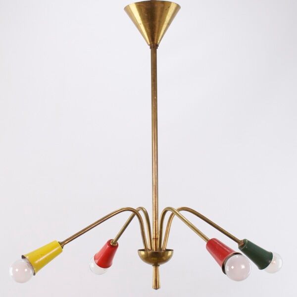 Lustre vintage 1950, 4 bras, laiton et couleurs, 60cm de diamètre