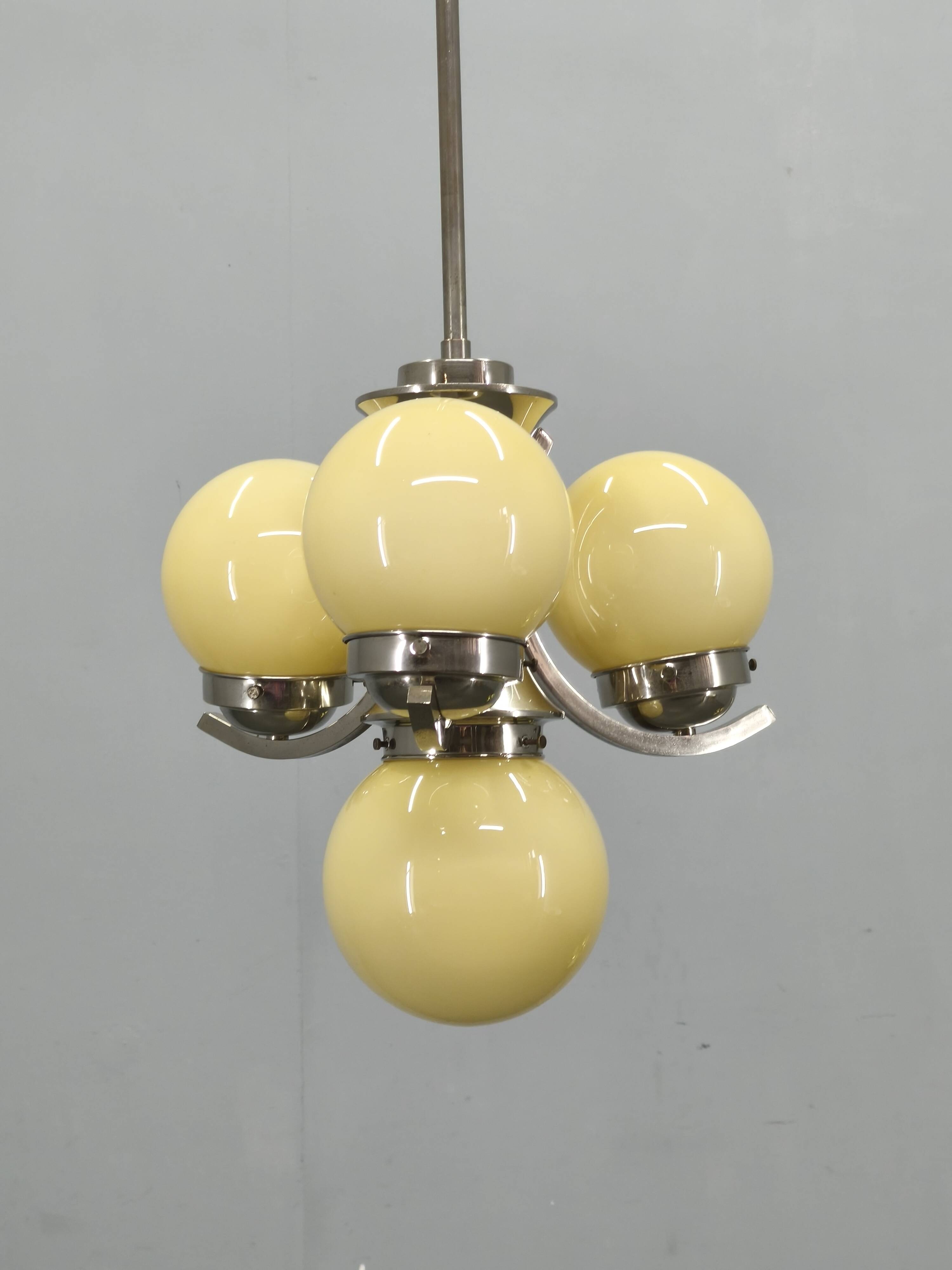 Art Deco Chrome and Opaline Glass Chandelier, 1930s