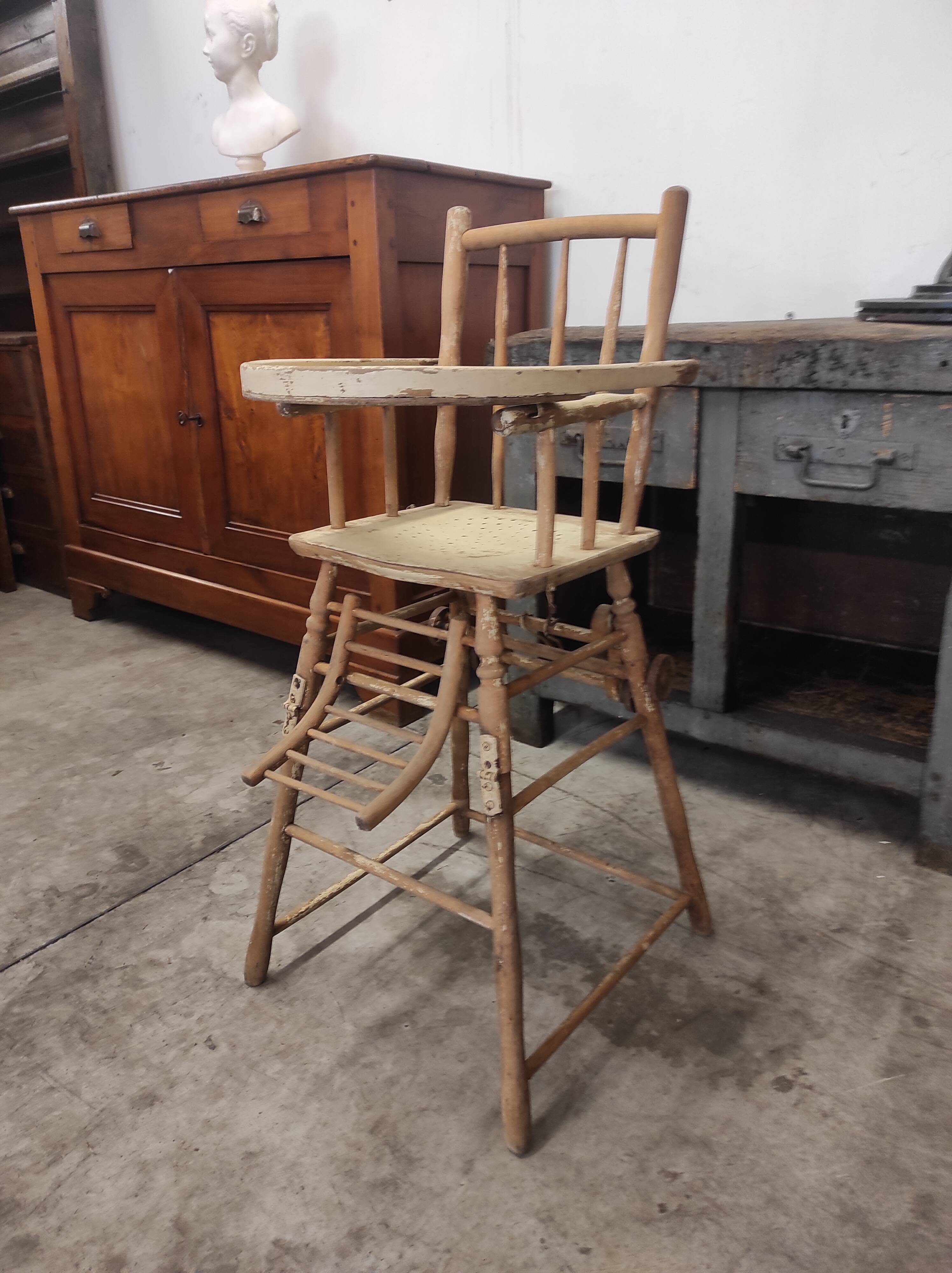 High chair retro baby old wood beech modular patinated white cream art deco dlg Baumann