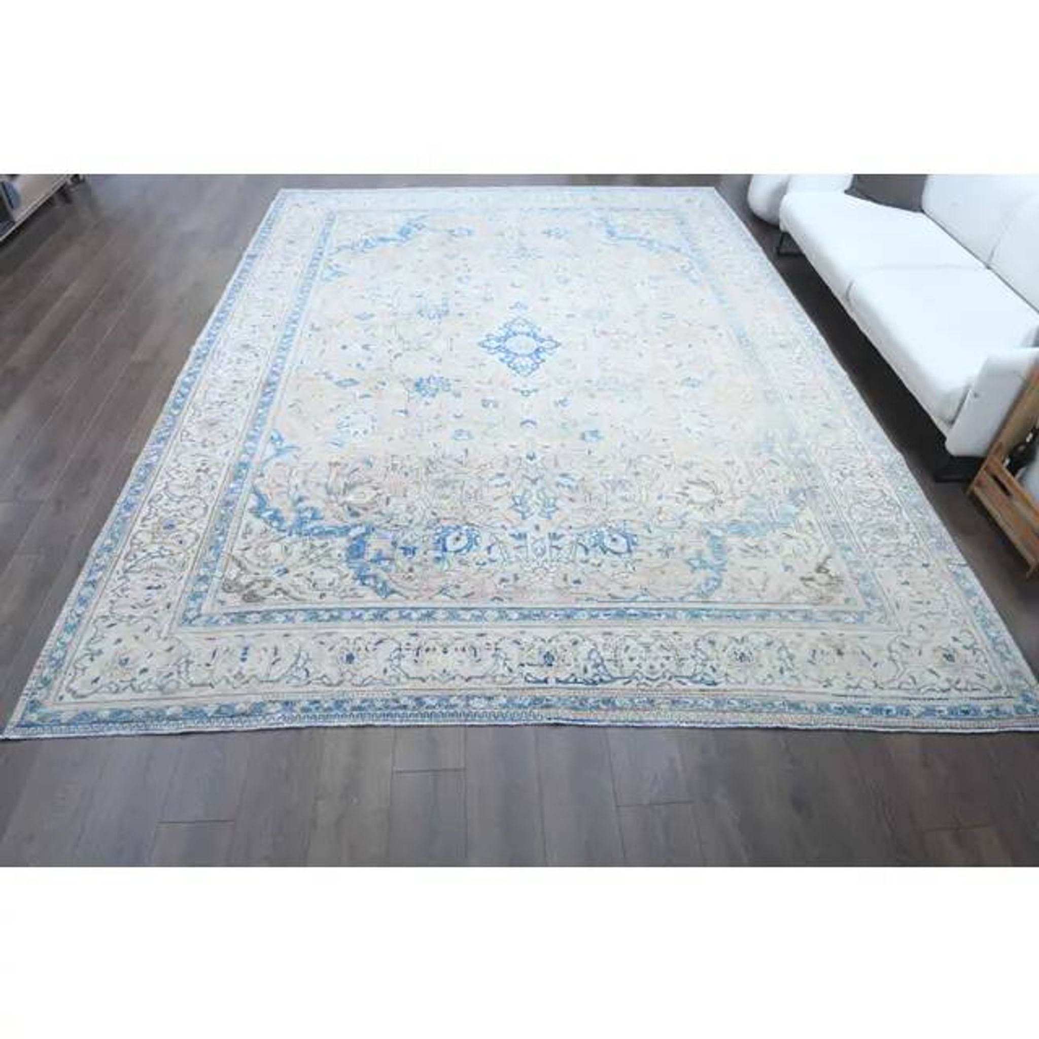 1970s Vintage Persian Handmade Wool Cotton Blue Area Rug 297x400