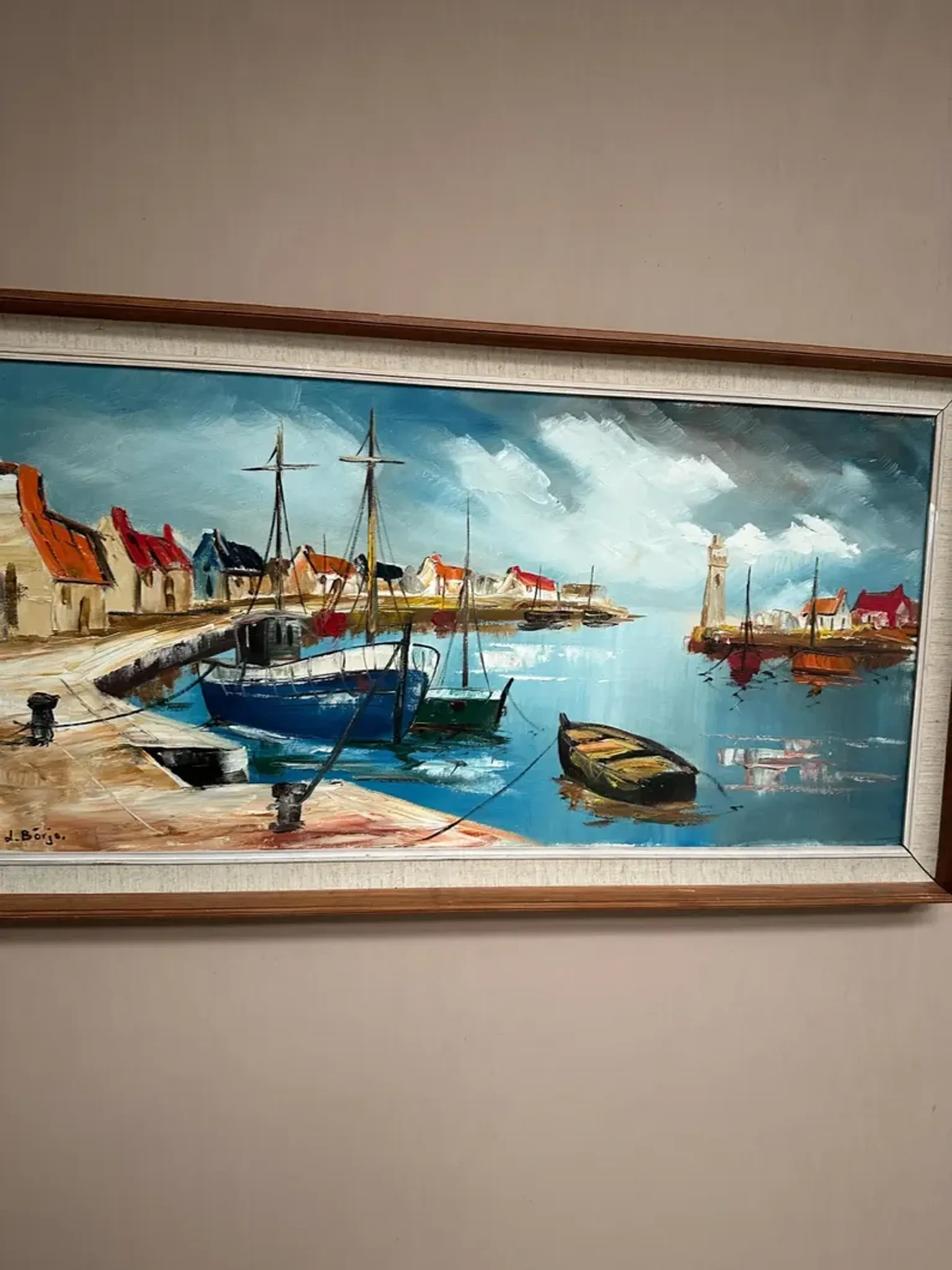 Original Swedish Oil on Canvas – “Boats” by Lennart Börje – Signed – Vintage & Framed 88.5 cm x 48.5 cm (34.8" × 19")