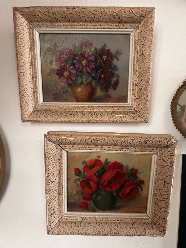 Paire de petits tableaux anciens – bouquets de fleurs – huiles sur toile marouflée – début XXe – ravissant et poétique
